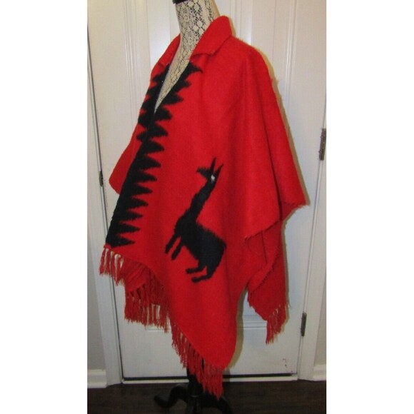 Wool Llama Alpaca Print Wrap Vintage Womens Red Graphic Cape Collared One Size - Picture 4 of 8